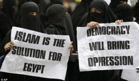 Muslim women demonstrate against democracy in Egypt